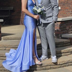 Amelia Couture periwinkle prom dress altered to have slit